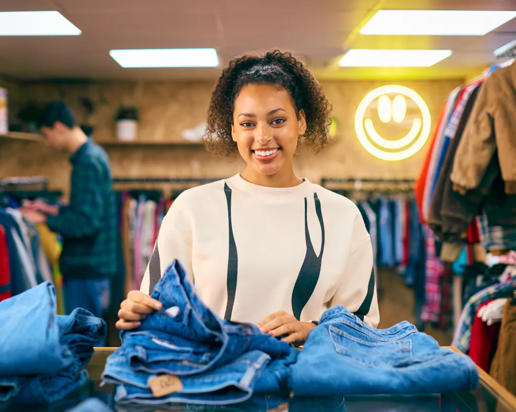 Portrait Of Female Sales Assistant Or Customer Sorting Stock Of Jeans In Fashion Or Clothes Store