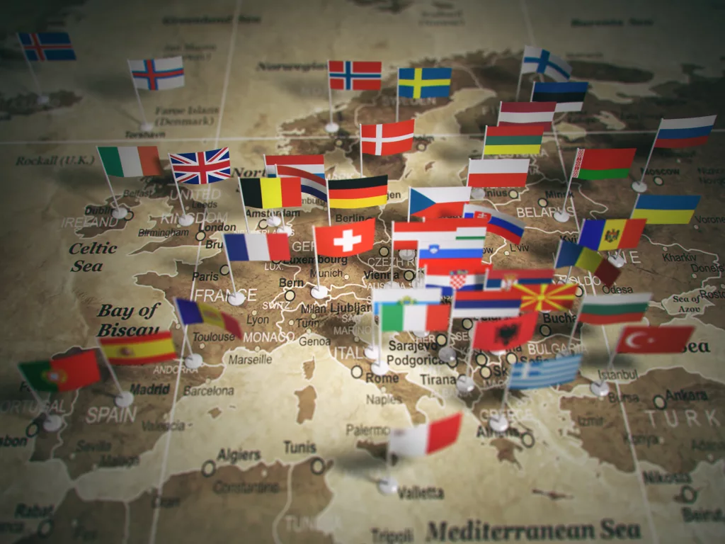 Flags on a map representing the countries in the European Union involved in the global state of second-hand clothing.