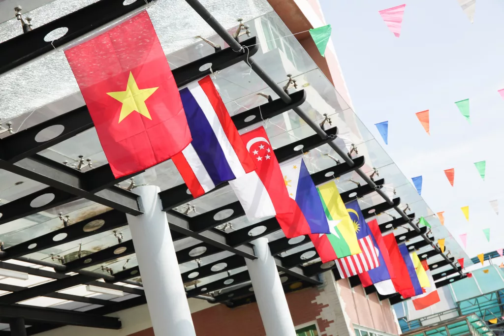 Flags representing the countries of South East Asia involved in the global state of second-hand clothing.